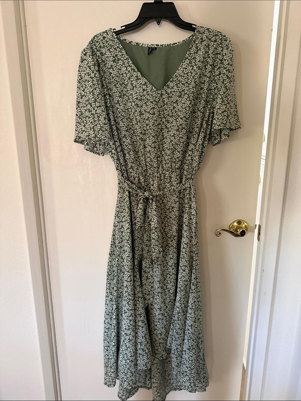 Ellakoko Green Floral Midi Dress with Tie Waist